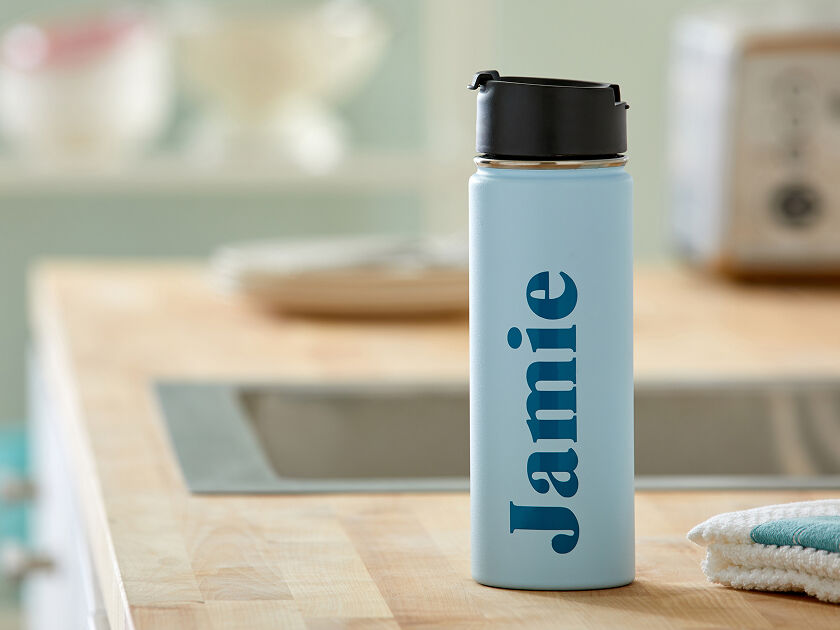 Personalized water bottle sitting on a counter top
